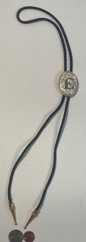 Vintage Metal Bolo Tie, Nice Silver and Brass, Initial E, Letter E, Nice Western Design, 1 3/4" x 1 1/4", Quality, Heavy Duty