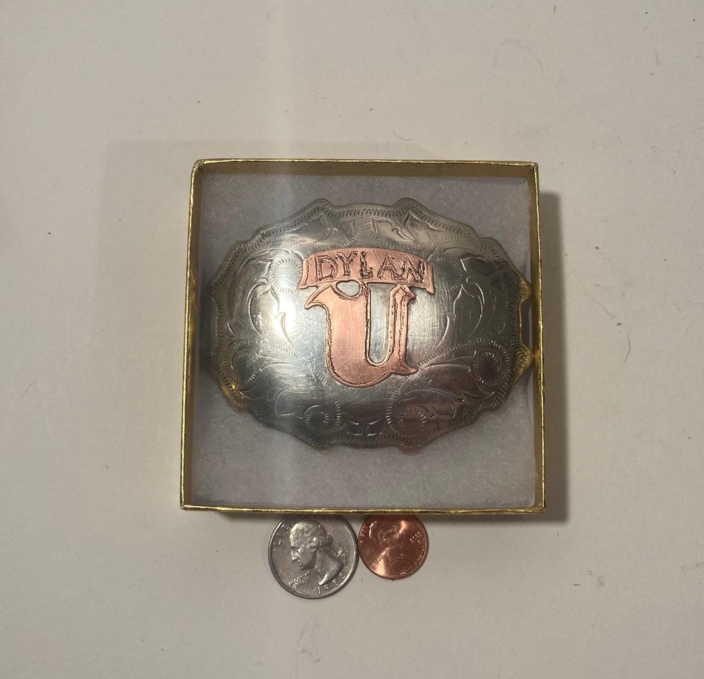 Vintage 2002 Metal Belt Buckle, Silver and Copper, Dylan, Nice Design, 3 1/2" x 2 1/2", Heavy Duty, Quality, Thick Metal