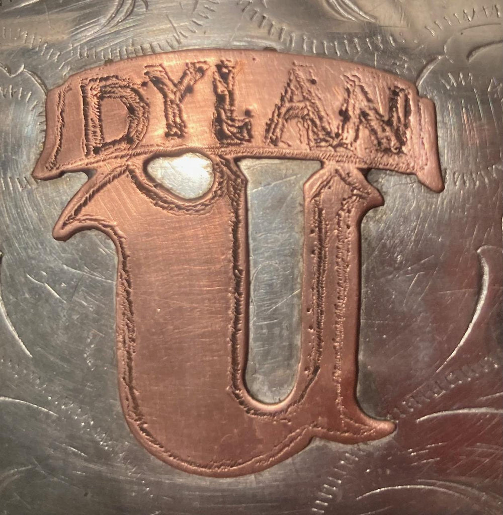 Vintage 2002 Metal Belt Buckle, Silver and Copper, Dylan, Nice Design, 3 1/2" x 2 1/2", Heavy Duty, Quality, Thick Metal