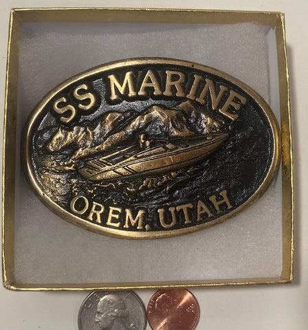 Vintage Metal Belt Buckle, Brass, SS Marine, Orem, Utah, Boats, Watercraft, Nice Western Design, 3 1/2" x 2 1/2", Heavy Duty, Quality