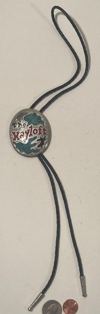 Vintage Metal Bolo Tie, Nice Silver and Crushed Turquoise, The Hayloft, Nice Design, 2 1/2" x 2", Quality, Heavy Duty