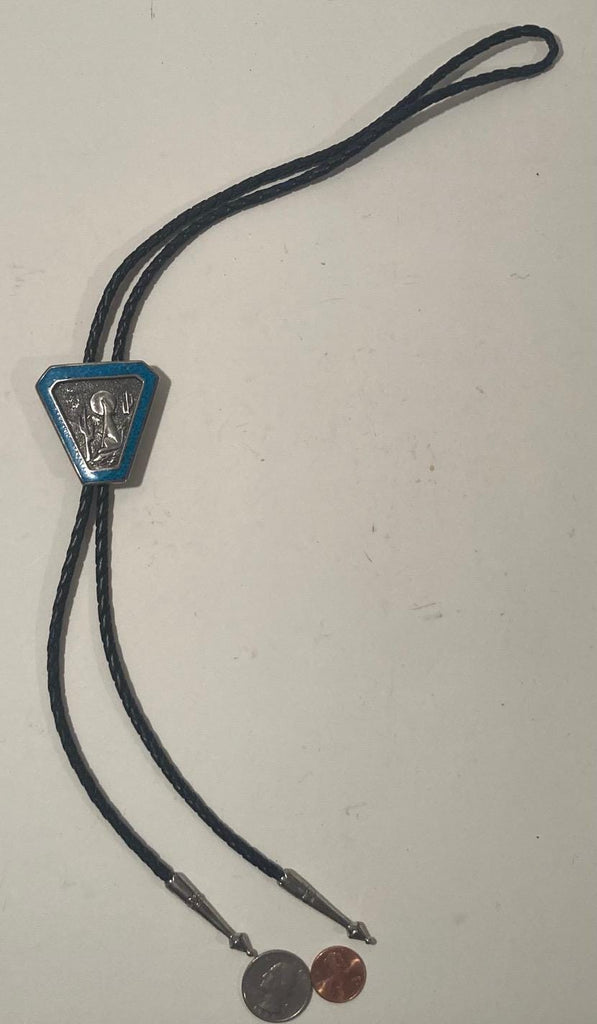 Vintage 1989 Metal Bolo Tie, Nice Silver and Crushed Turquoise, Triangle, Wolf, Cactus, Nice Design, 1 3/4" x 1 3/4", Quality, Heavy Duty