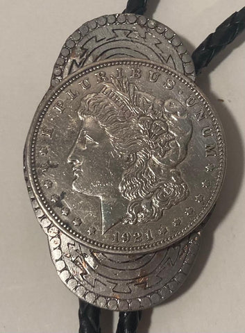 Vintage Metal Bolo Tie, Nice Silver 1921 Morgan Silver Dollar, Coin, Money, Nice Design, 2 1/2" x 1 1/2", Quality, Heavy Duty, Made in USA