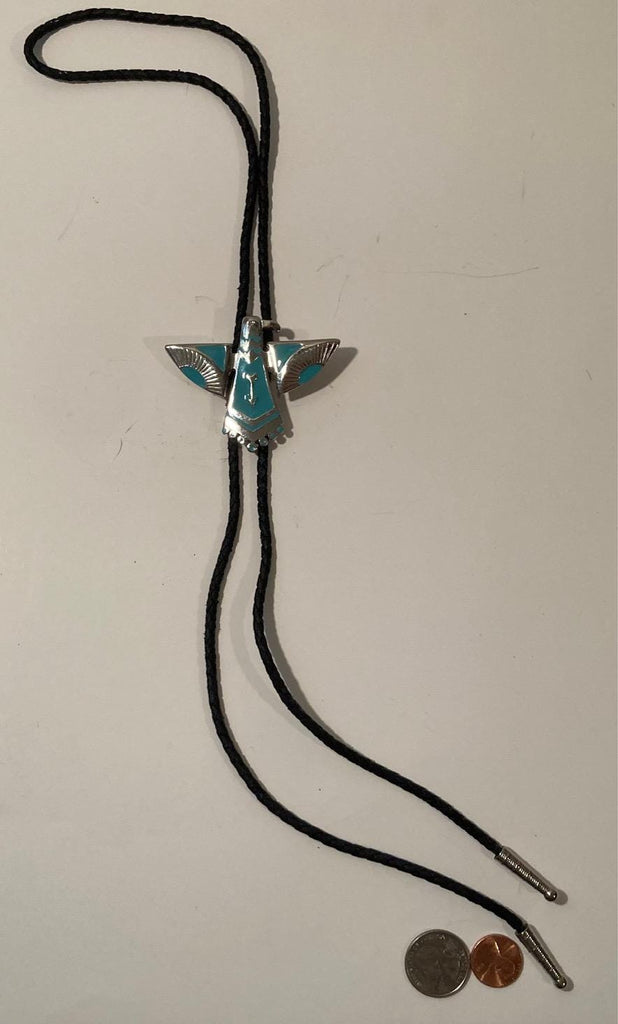 Vintage Metal Bolo Tie, Nice Silver and Green Enamel, Native, Thunderbird, Eagle, Bird, Nice Design, 2 3/4" x 2 1/4", Quality, Heavy Duty