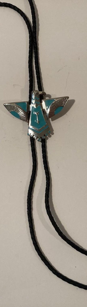 Vintage Metal Bolo Tie, Nice Silver and Green Enamel, Native, Thunderbird, Eagle, Bird, Nice Design, 2 3/4" x 2 1/4", Quality, Heavy Duty