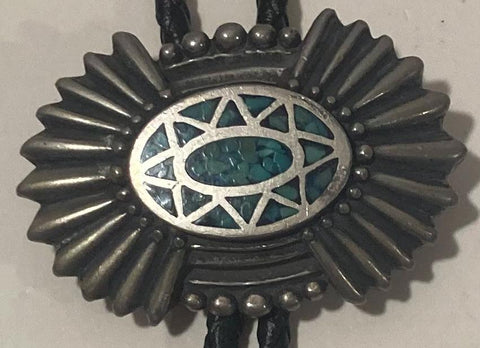 Vintage Metal Bolo Tie, Nice Blue Crushed Malachite Turquoise Stones Design, Nice Design, 2" x 1 1/2", Quality, Heavy Duty