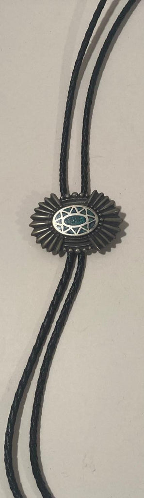 Vintage Metal Bolo Tie, Nice Blue Crushed Malachite Turquoise Stones Design, Nice Design, 2" x 1 1/2", Quality, Heavy Duty