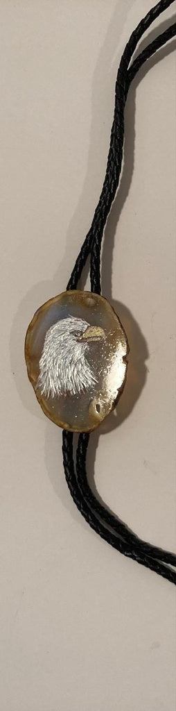 Vintage Metal Bolo Tie, Nice Brown Stone Design with Nice Hand Painted American Bald Eagle, Nice Design