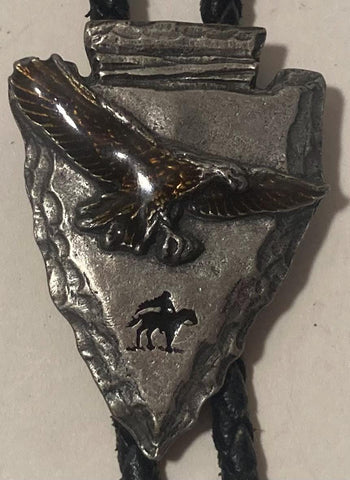 Vintage 1988 Metal Bolo Tie, Nice Arrowhead Design, Horse, American Bald Eagle, Nice Design, 1 3/4" x 1 1/4", Quality, Heavy Duty