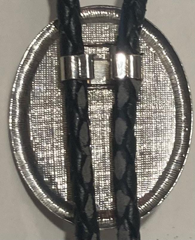 Vintage Metal Bolo Tie, Nice Silver with Black Stone Design, Skull Bull, Cow, Feathers, Nice Design, 2" x 1 1/2", Quality, Heavy Duty