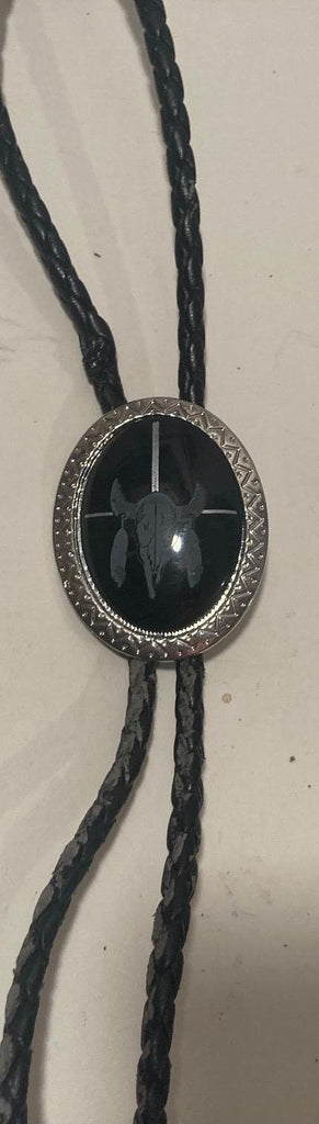 Vintage Metal Bolo Tie, Nice Silver with Black Stone Design, Skull Bull, Cow, Feathers, Nice Design, 2" x 1 1/2", Quality, Heavy Duty