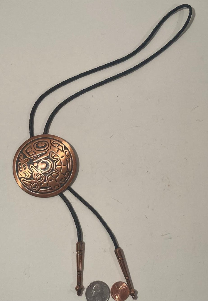 Vintage Metal Bolo Tie, Nice Copper Round Design, Nice Design, 2 3/4" x 2 3/4", Quality, Heavy Duty, Made in USA, Country & Western, Cowboy