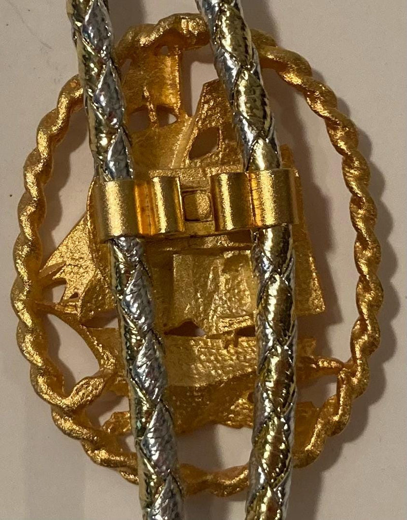 Vintage Metal Bolo Tie, Nice Brass Ship, Boat, Sailboat, Diamond Cut Filigree, Nice Design, 1 3/4" x 1 1/4", Quality, Heavy Duty