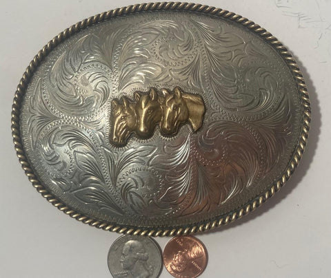 Vintage Metal Belt Buckle, Silver and Brass, Cimirrom, Three Horse Heads, Big Size, Nice Design, 4 3/4" x 3 3/4", Heavy Duty, Quality