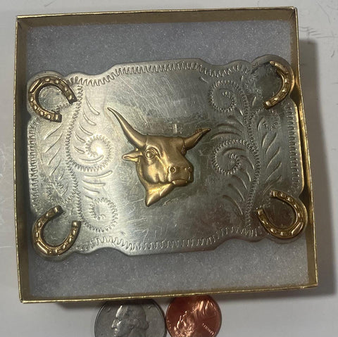 Vintage Metal Belt Buckle, Silver and Brass, Bull, Cow, Longhorn, Horseshoe, Nice Design, 3 1/2" x 2 1/2", Heavy Duty, Quality, Thick Metal