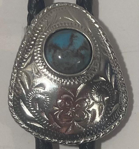 Vintage Metal Bolo Tie, Silver and Blue Stone Design, 1 1/2" x 1", Nice Design, Quality, Heavy Duty, Country & Western