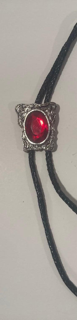 Vintage Metal Bolo Tie, Nice Silver Red Oval Stone Design, Nice Design, 1 1/2" x 1 1/4", Quality, Heavy Duty, Made in USA, Country