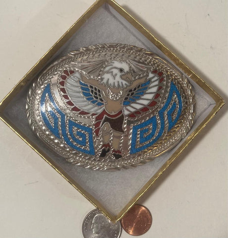 Vintage Metal Belt Buckle, Native Man, Eagle, Crushed Turquoise Stones, Nice Western Design, 3 1/2" x 2 1/2", Quality, Heavy Duty