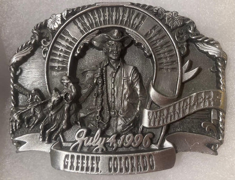 Vintage 1996 Metal Belt Buckle, Greeley Independence Stampede, Colorado, Wrangler, 3" x 2 1/2", World's Largest 4th of July Rodeo, Nice