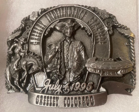 Vintage 1995 Metal Belt Buckle, Greeley Independence Stampede, Colorado, Bronco Busting, 3" x 2 1/2", World's Largest 4th of July Rodeo