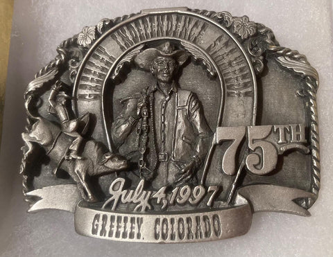 Vintage 1997 Metal Belt Buckle, Greeley Independence Stampede, Colorado, Bull Riding, 3" x 2 1/2", World's Largest 4th of July Rodeo