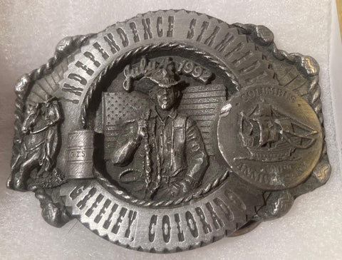 Vintage 1992 Metal Belt Buckle, Greeley Independence Stampede, Colorado, Columbus, 3" x 2 1/2", World's Largest 4th of July Rodeo