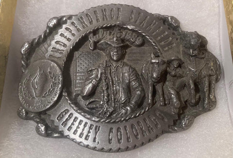 Vintage 1989 Metal Belt Buckle, Greeley Independence Stampede, Colorado, 3" x 2 1/2", World's Largest 4th of July Rodeo, Nice Design