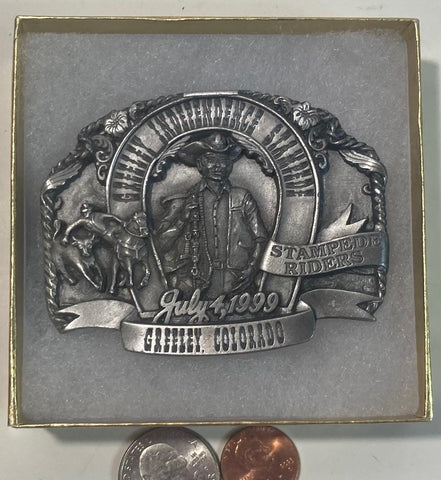 Vintage 1999 Metal Belt Buckle, Greeley Independence Stampede, Colorado, 3" x 2 1/2", World's Largest 4th of July Rodeo, Nice Design