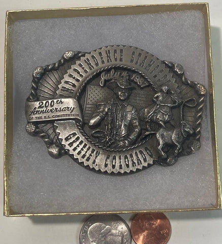 Vintage 1987 Metal Belt Buckle, Greeley Independence Stampede, Colorado, 3" x 2 1/2", World's Largest 4th of July Rodeo, Nice Design