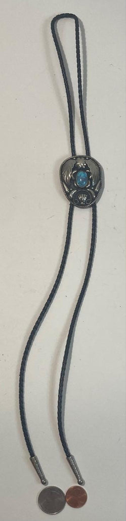 Vintage 1995 Metal Bolo Tie, Alpaca Silver and Blue Turquoise Stone, Shells Design, 2" x 1 1/2", Nice Design, Quality, Heavy Duty