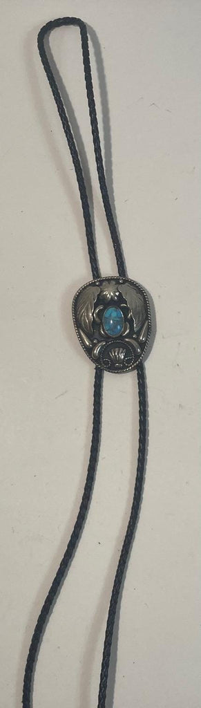 Vintage 1995 Metal Bolo Tie, Alpaca Silver and Blue Turquoise Stone, Shells Design, 2" x 1 1/2", Nice Design, Quality, Heavy Duty