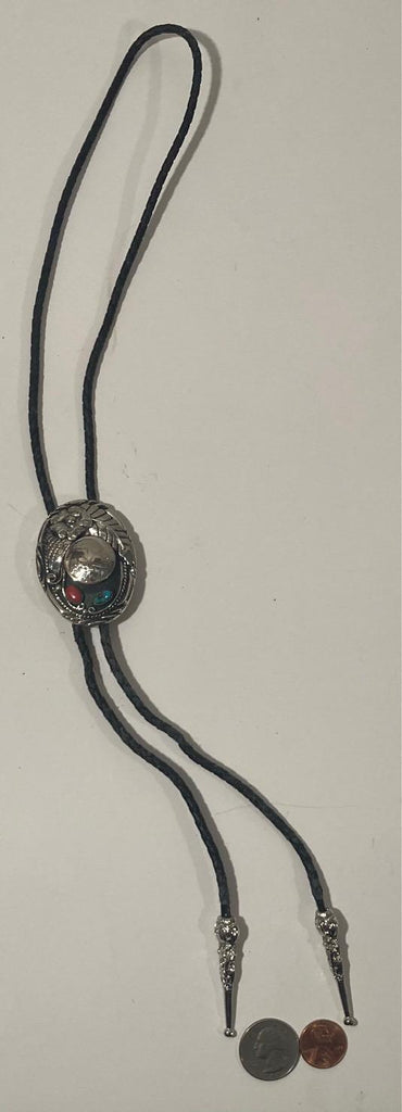 Vintage Metal Bolo Tie, Silver and Turquoise Stones, Sunflower, Nice Western Design, 2 1/4" x 1 3/4", Quality, Heavy Duty