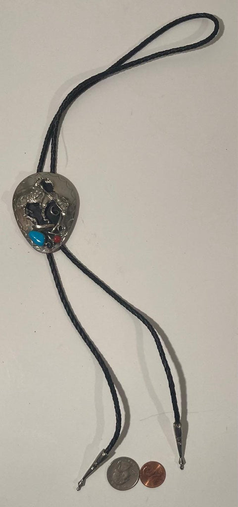 Vintage Metal Bolo Tie, Silver and Turquoise Stones, Cowboy End of the Trail, Big Size, Nice Western Design, 2 1/2" x 2", Quality