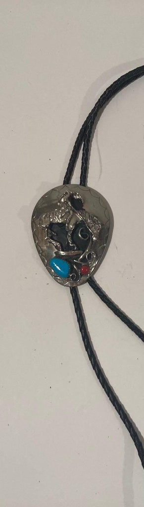 Vintage Metal Bolo Tie, Silver and Turquoise Stones, Cowboy End of the Trail, Big Size, Nice Western Design, 2 1/2" x 2", Quality