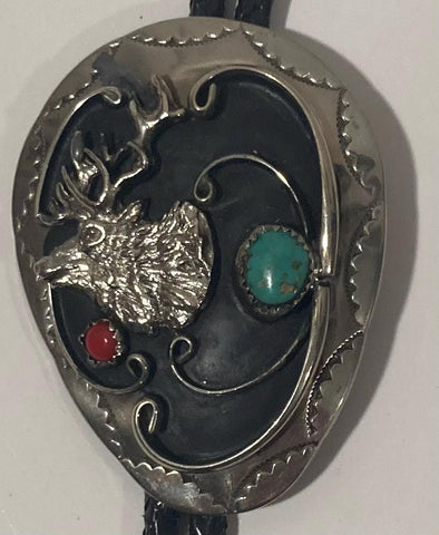 Vintage Metal Bolo Tie, Silver and Turquoise Stones, Buck, Deer, Big Size, Nice Western Design, 2 1/2" x 2", Quality, Heavy Duty