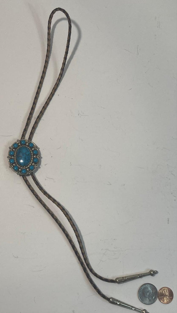 Vintage Metal Bolo Tie, Nickle Silver and Blue Turquoise Stone, Nice Western Design, 1 3/4" x 1 1/2", Quality, Heavy Duty