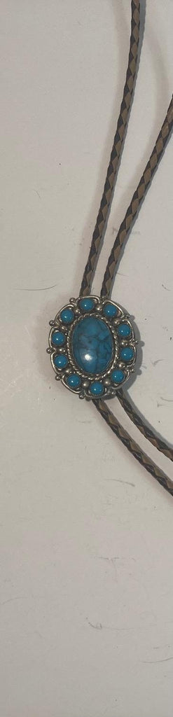 Vintage Metal Bolo Tie, Nickle Silver and Blue Turquoise Stone, Nice Western Design, 1 3/4" x 1 1/2", Quality, Heavy Duty