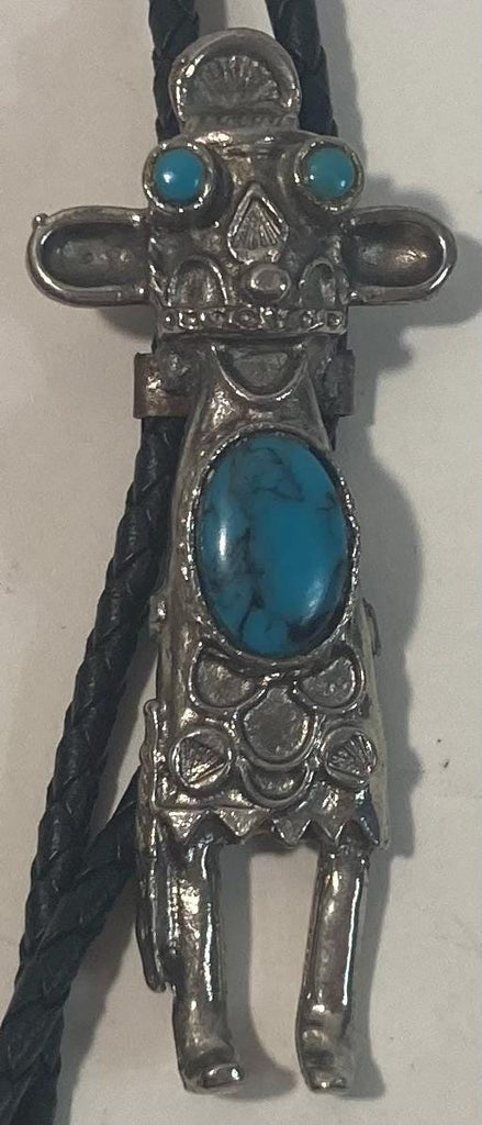 Vintage Metal Bolo Tie, Nice Native Look, Blue Turquoise Stone, Man, Nice Western Design, 3" x 1 1/4", Quality, Heavy Duty