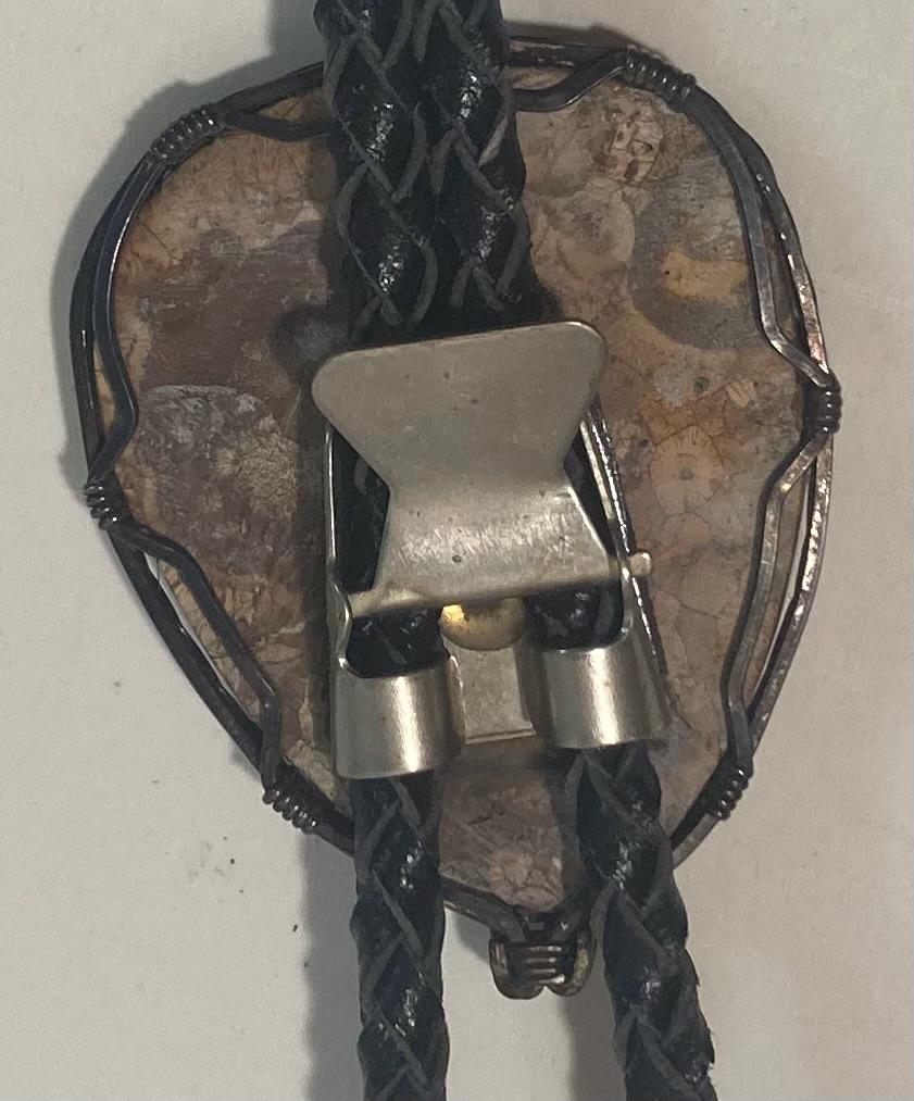 Vintage Metal Bolo Tie, Nice Big Brown Stone With Liver Spots Design, Nice Western Design, 2 1/4" x 1 3/4", Quality, Heavy Duty