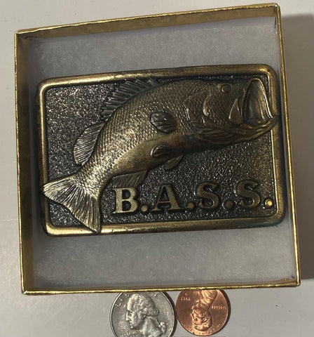 Vintage Metal Belt Buckle, Brass, Bass, Fishing, Fish, Nature, Wildlife, Nice Design, 3 1/2" x 2 1/4", Heavy Duty, Quality, Thick Metal