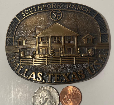 Vintage 1985 Metal Belt Buckle, Southfork Ranch, TV Show Dallas, Texas, Loramar Productions, Larry Hagman, J.R. Ewing, The Greatest TV Show