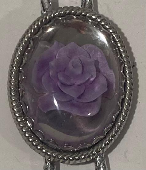 Vintage Metal Bolo Tie, Nice Purple Flower, Rose, Nice Western Design, 2" x 1 1/2", Quality, Heavy Duty