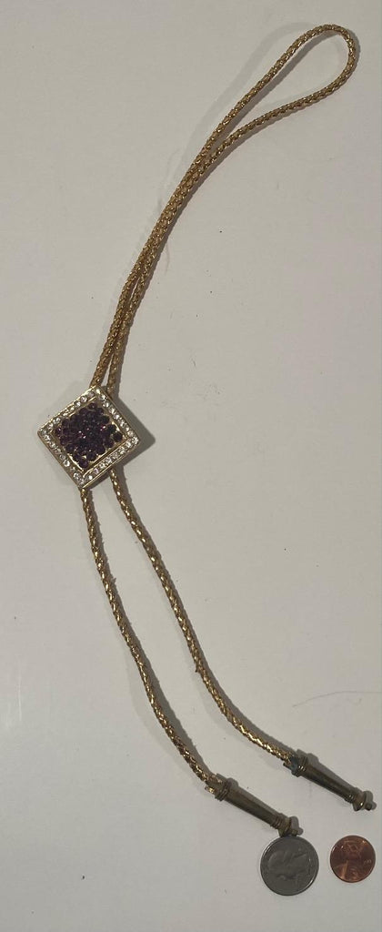 Vintage Metal Bolo Tie, Nice Purple and Clear Sparkly Stones Design, Nice Western Design, 2" x 2", Quality, Heavy Duty