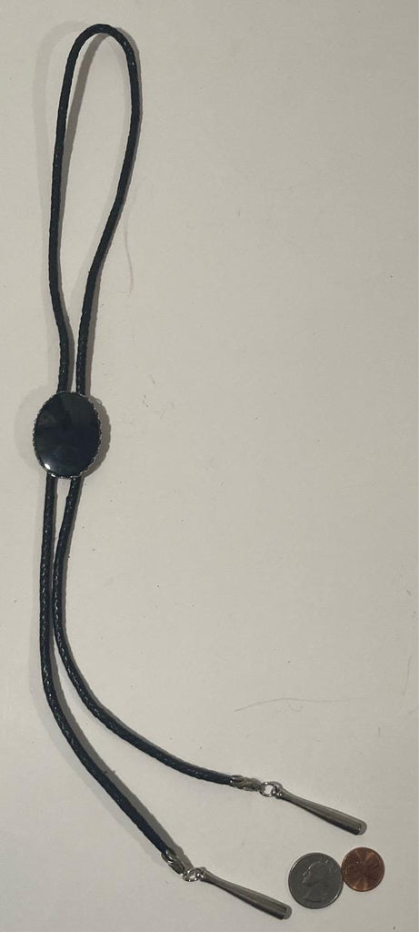 Vintage Metal Bolo Tie, Nice Silver and Black Onyx Stone Design, Nice Western Design, 1 3/4" x 1 1/4", Quality, Heavy Duty