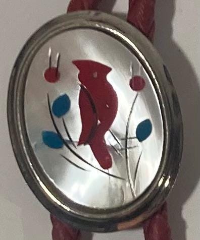 Vintage Metal Bolo Tie, Nice Cardinal Bird, Angry Bird, Mother of Pearl, Nice Western Design, 1 1/4" x 3/4", Quality, Heavy Duty