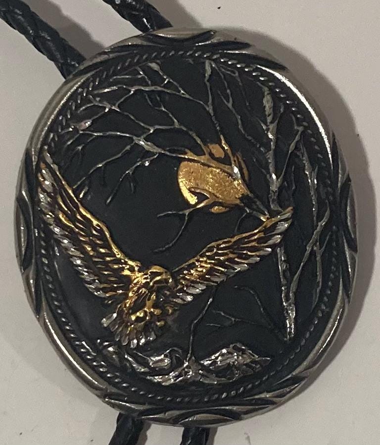 Vintage Metal Bolo Tie, Bird, American Bald Eagle, Nice Western Design, 2 1/2" x 2", Quality, Heavy Duty, Made in USA, Country & West