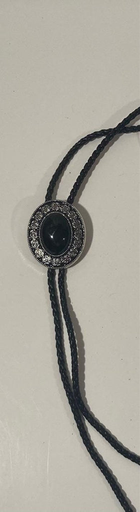 Vintage Metal Bolo Tie, Nice Black Onyx Stone Design, Nice Western Design, 1 3/4" x 1 1/4", Quality, Heavy Duty, Made in USA, Country