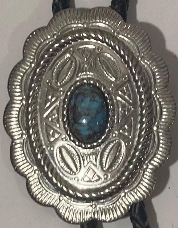 Vintage Metal Bolo Tie, Nice Conchoe Style with Blue Turquoise Stone Design, Nice Western Design, 2" x 1 1/2", Quality, Heavy Duty