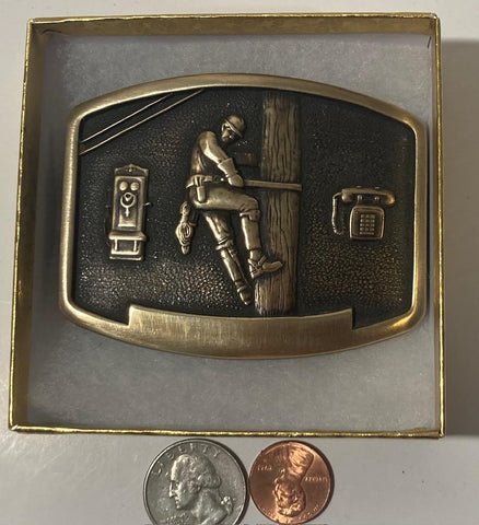 Vintage Metal Belt Buckle, Brass, Linesman, Electrical, High Voltage, GE, Telephone, Nice Western Style Design