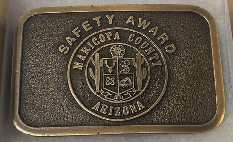 Vintage Metal Belt Buckle, Brass, Maricopa County, Arizona, Safety Award, Nice Western Style Design